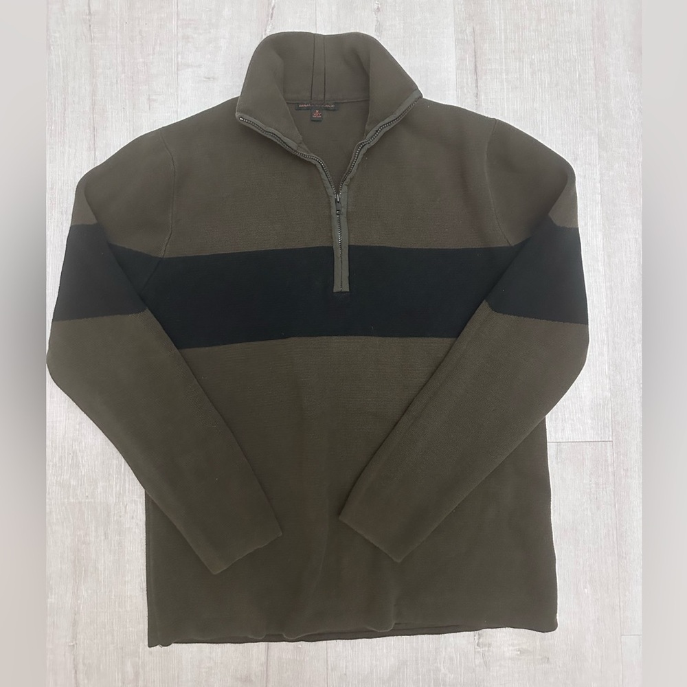 Banana Republic Men's Olive and Black Quarter-Zip Sweater- 100% cotton